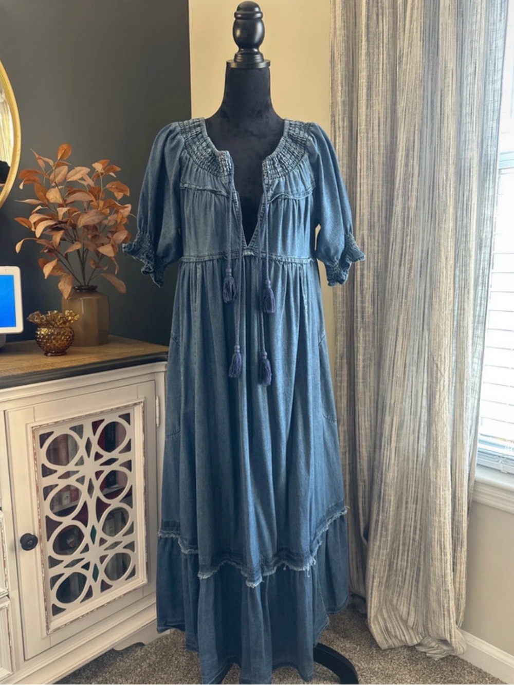 Free People Indigo Tassel Tiered Denim Maxi Dress